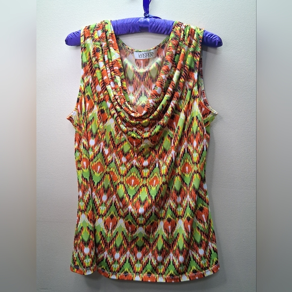 KASPER Women Light Stretch Comfy Poly Tank Top Cowl Neck Multicolor Geo Plus 1X - Picture 2 of 8